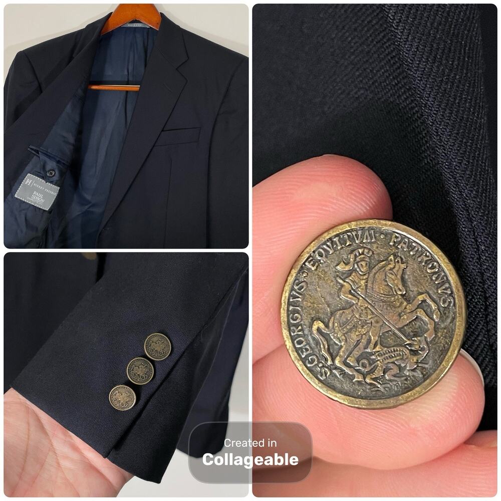 Hickey Freeman Midnight Navy Brass Metal Buttons St George 40R Sportcoat Blazer